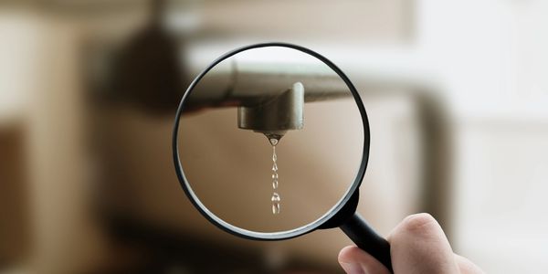 A magnifying glass focusing on water droplets dripping from a faucet.
