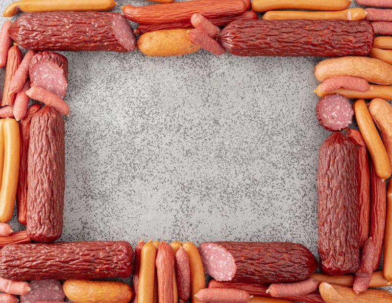 Various dry-cured and smoked sausages on a stone table. Top view, copy space.