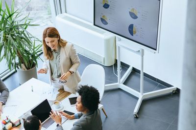 Four professionals engaged in a collaborative business meeting with charts on a screen.