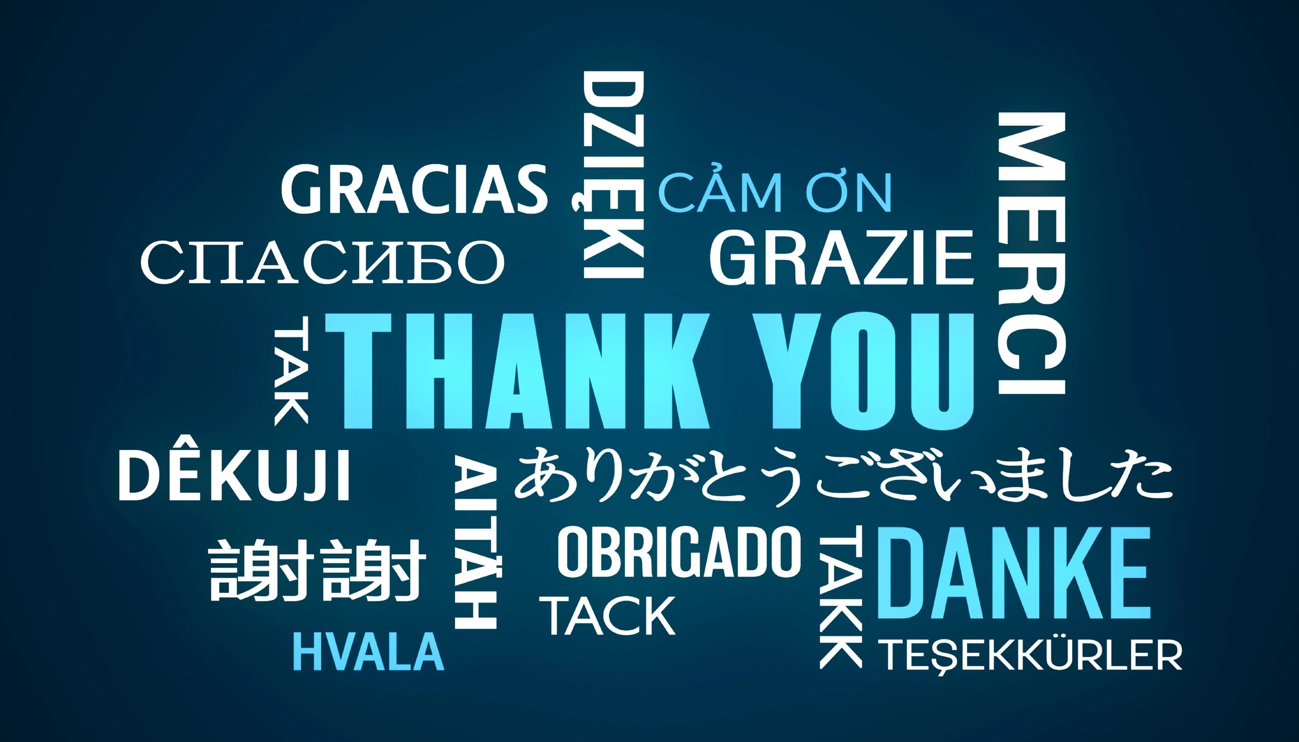 Various ways to say 'Thank You' in multiple languages on a blue background.
