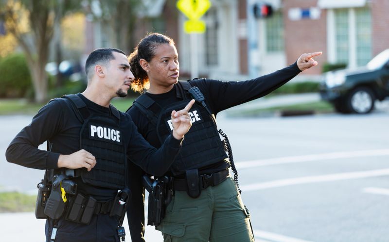 Two multiracial police officers patrolling a community on foot. They are standing side by side on a sidewalk, conversing and looking at something in the distance. The policewoman is mixed race, African-American, Asian and Hispanic, in her 40s. Her partner is a young Hispanic man in his 20s.