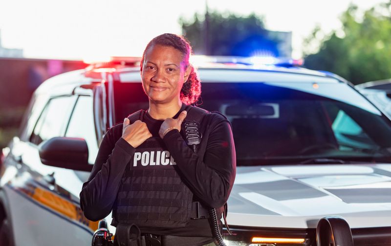 Portrait of a mature, multiracial policewoman standing outdoors in front of her police car, smiling at the camera. She is mixed race African-American, Asian and Hispanic, in her 40s.
