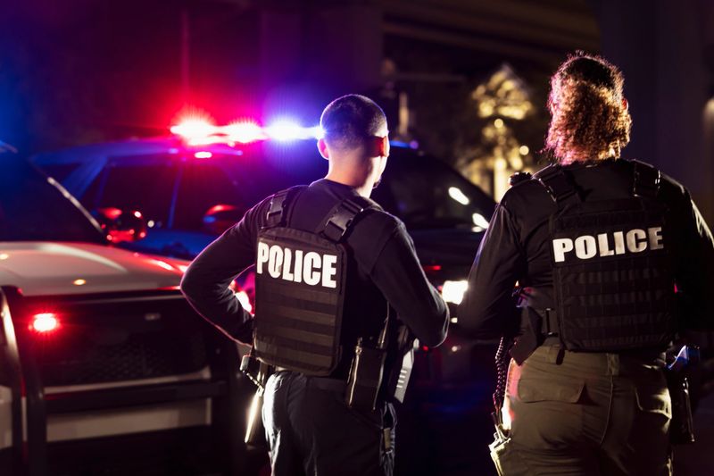 Rear view of two multiracial police officers standing side by side in front of their police vehicles with emergency lights on. They are working at night in a city. The policewoman is mixed race, African-American, Asian and Hispanic, in her 40s. Her partner is a young Hispanic man in his 20s.