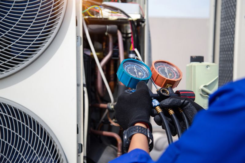 Air conditioner service .The air conditioner technician is using a gauge to measure the refrigerant pressure. air compressor.