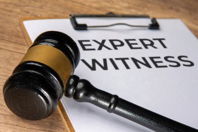 A judge's gavel resting on a clipboard labeled Expert Witness.