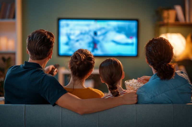 Happy family spending time together. Mother, father and children watching  TV, movies with popcorn in the evening at home.