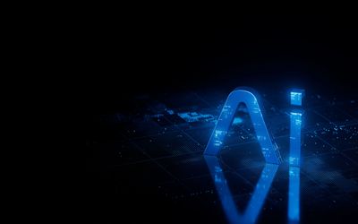 Glowing blue AI letters on a dark digital grid background.