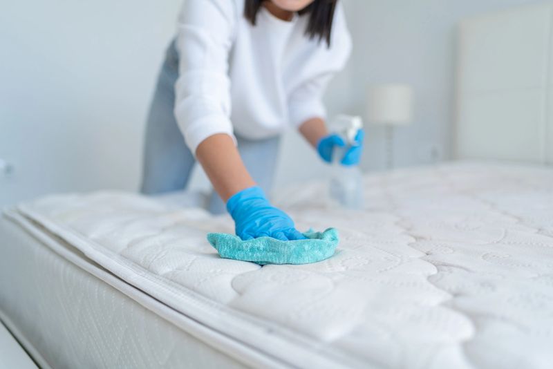 Woman Hands In Rubber Protective Glove With Micro Fiber Cloth And Detergent Spray Bottle Cleaning A Mattress Cloth With A Liquid Stain Remover In Bedroom At Home