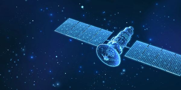 Digital rendering of a satellite with solar panels in space.