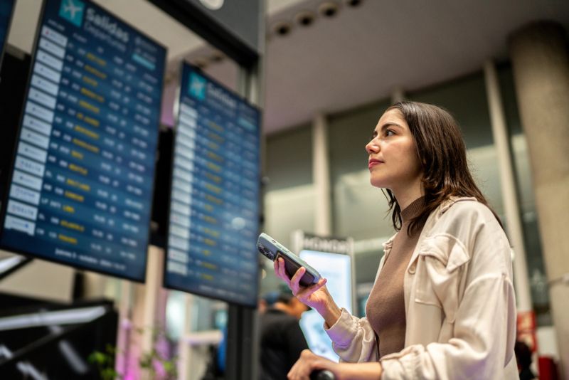 Young woman looking at boarding monitor at airport