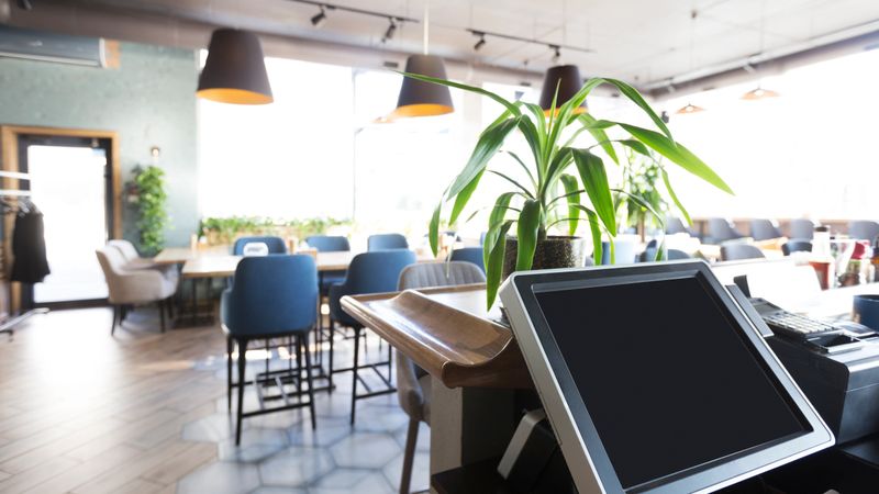 Stay at home concept. Empty cafe interior without people and workers, panorama, copy space