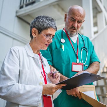 Two medical professionals reviewing documents outdoors, one in a white coat and the other in green scrubs.