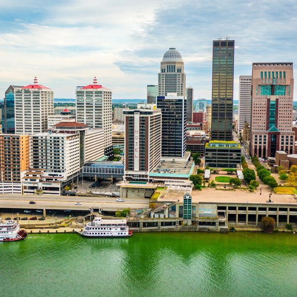 Downtown Louisville waterfront skyline with major hotels and venues for conferences and events.