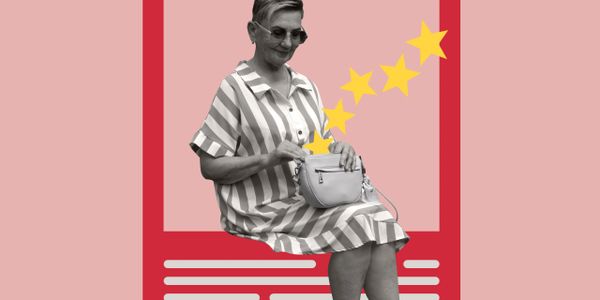 A woman in sunglasses sitting with a handbag, surrounded by five yellow stars on a red and pink background.