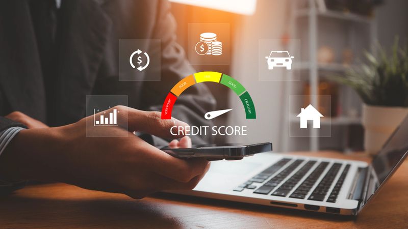 Businessman evaluate customer statistical data with credit score icon. Credit score concept.  Online credit score ranking check. Loan, mortgage and payment cards.