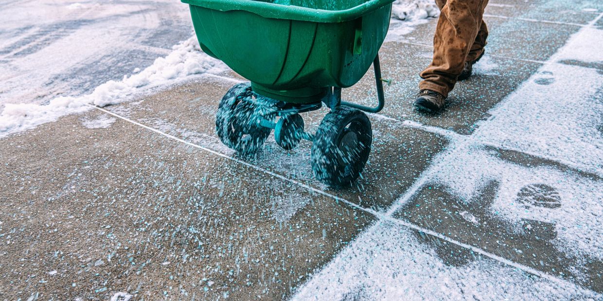 Salt being spread on a sidewalk to prevent ice.
