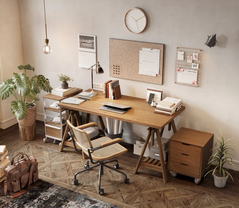 This digitally rendered home office setup showcases a functional workspace with a wooden desk, comfortable chair, and organized storage. Decorated with indoor plants and illuminated by natural light, it creates a productive and welcoming atmosphere