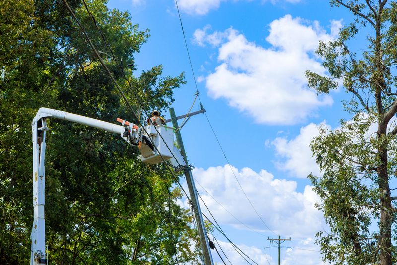 An emergency response team is working to restore power following severe hurricane that damaged power line