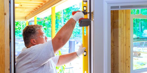 Man installing a door using a level tool.