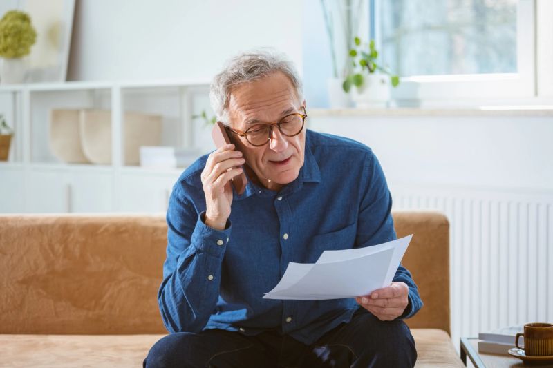 Displeased senior man wearing denim shirt sitting on sofa at home, holding documents in hand and using mobile phone.