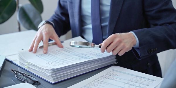 Businessman examining documents with a magnifying glass at a desk.