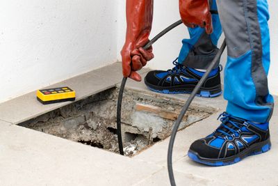 Worker using cable and tools on floor inspection.
