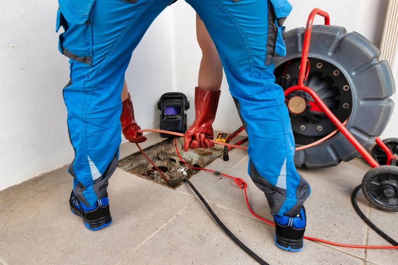 Skilled technicians are working diligently on plumbing repairs using specialized tools and equipment