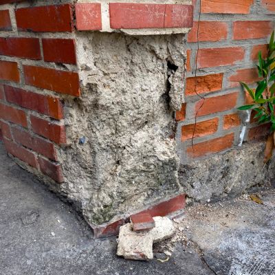 Damaged brick corner with crumbling mortar and fallen pieces.