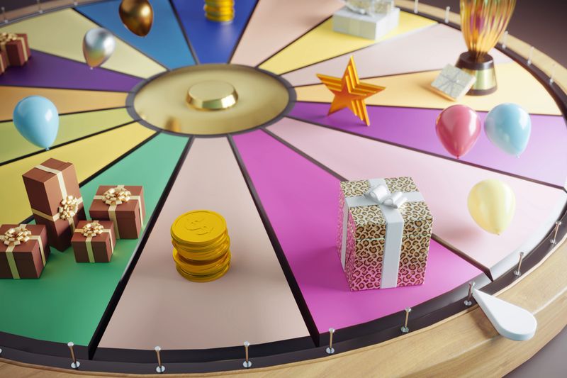Wheel of fortune with rewards such as coins, gift boxes and balloons. (3d render)