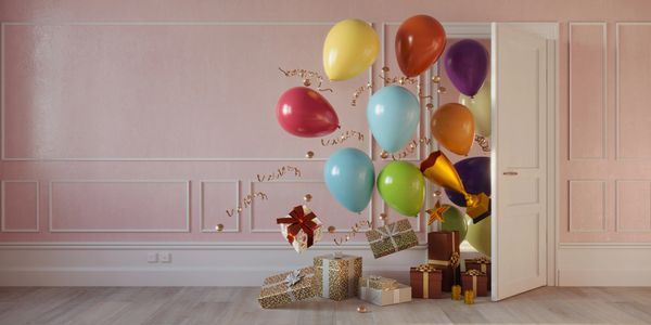 Colorful balloons and gift boxes emerging from an open door in a pastel room.