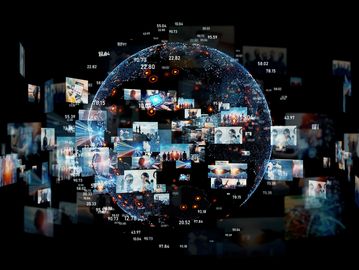 Digital globe surrounded by floating data images and numbers on a black background.