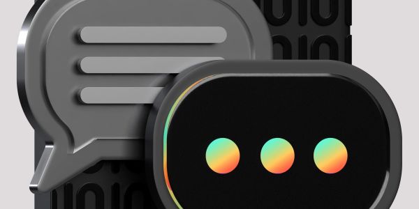 3D speech bubbles with text and ellipsis icons in grayscale and gradient colors.