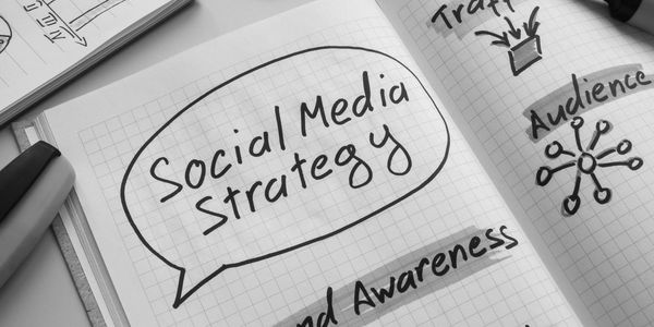 Notebook with colorful notes on social media strategy.