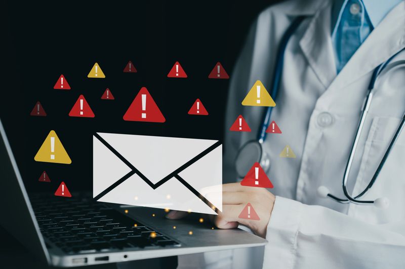 A doctor managing alerts on a laptop, emphasizing digital communication in healthcare.