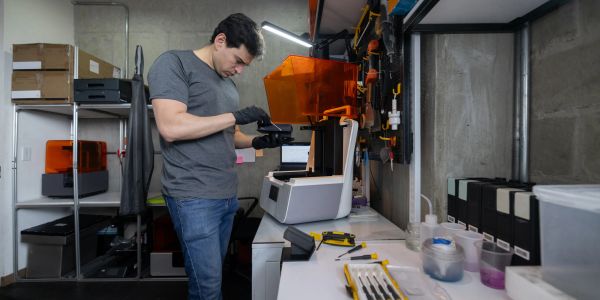 Man operating a 3D printer in a workshop.