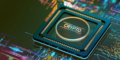 A digital coin labeled CRYPTO on a futuristic circuit board.