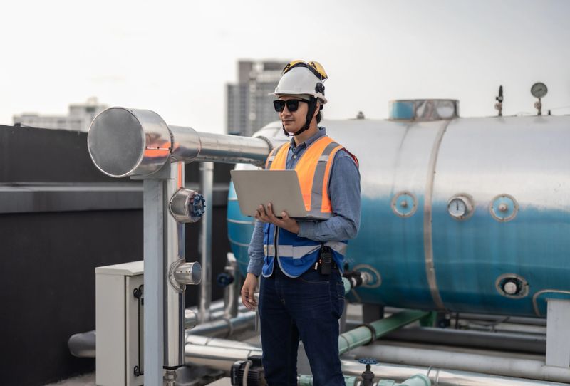 Professional industrial engineer, equipped with a laptop, meticulously troubleshooting an HVAC system within the complex pipeline infrastructure of a modern facility. Reducing carbon footprint.