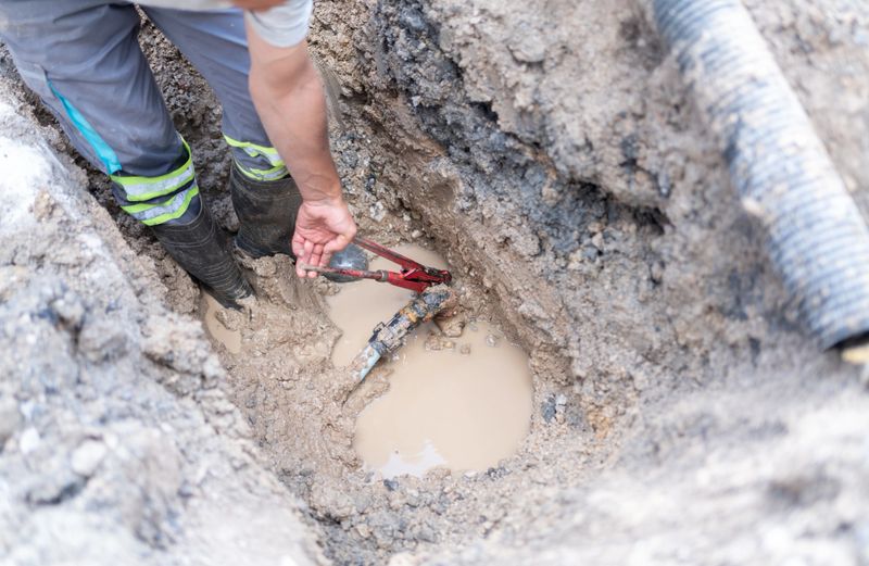 Plumber Repairing A Broken Underground Water Pipe With Adjustable Wrenches And Tools At Roadside