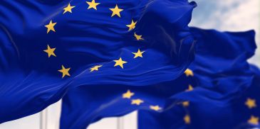 European Union flags waving in the wind.