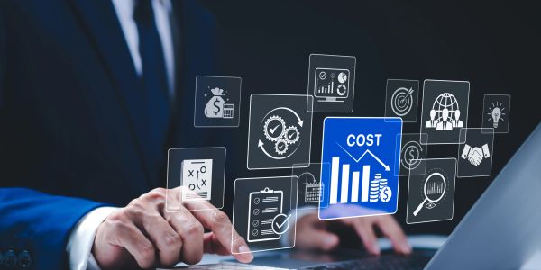 Businessman calculating costs with digital financial icons.