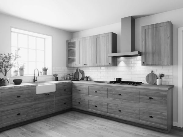 Modern kitchen with wood cabinets and white subway tile backsplash.