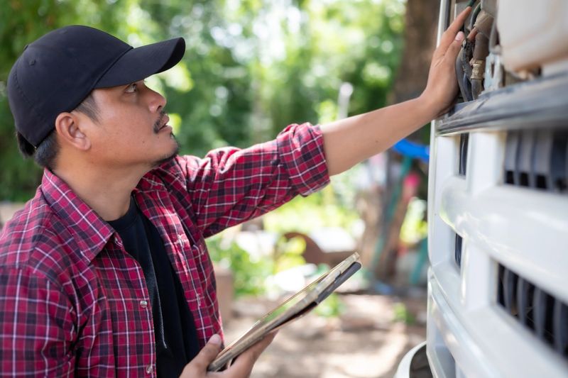 A man in a plaid shirt is looking at a truck. He is holding a clipboard and he is checking something