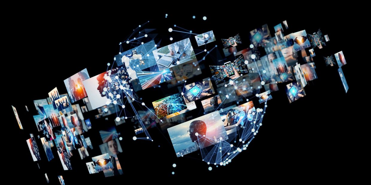 Digital images and network connections floating in black space.