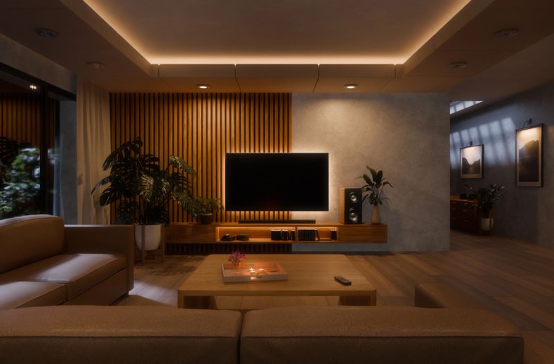 Interior of living room created in 3D at night. Sofa on hardwood floor facing illuminated television. Soft lighting creates a cozy atmosphere, perfect for relaxing and enjoying entertainment.