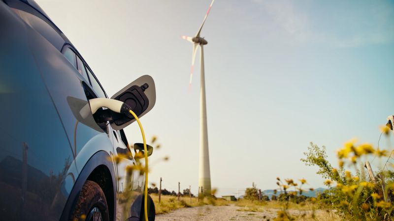 A sleek electric car fuels up from a charging station, wind turbines turning in the distant field, symbolizing clean energy progress.