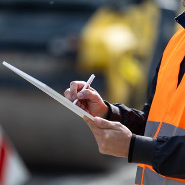 Worker in orange safety vest writing on a tablet at a construction site.