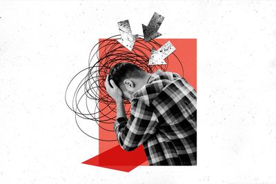 Man holding head with arrows and scribbles symbolizing stress or anxiety.