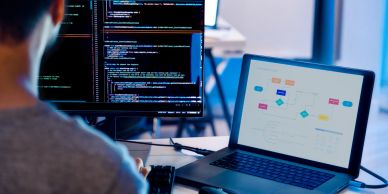 Person coding with multiple screens, one showing code and another showing a flowchart.
