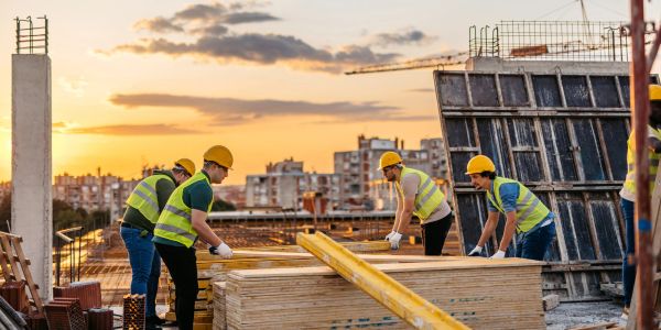Construction workers handling materials at sunset on a building site.