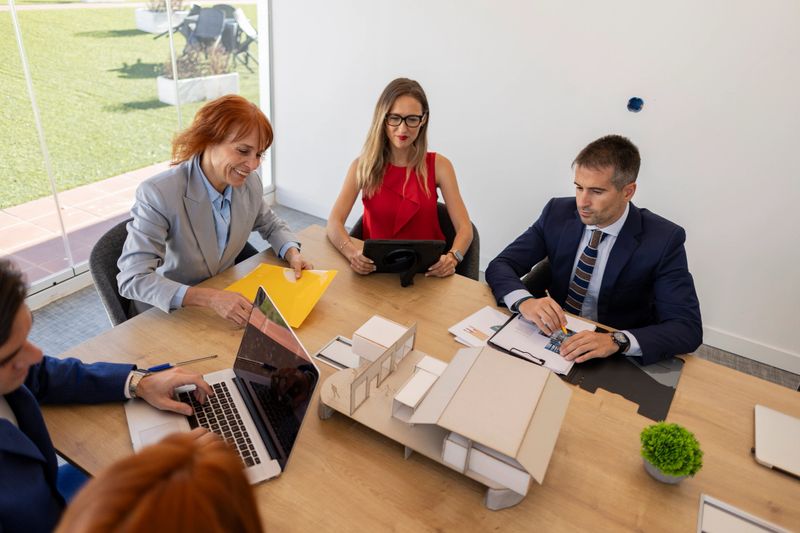 Team of architects are having a productive meeting in the office, discussing ideas and plans for a new building project